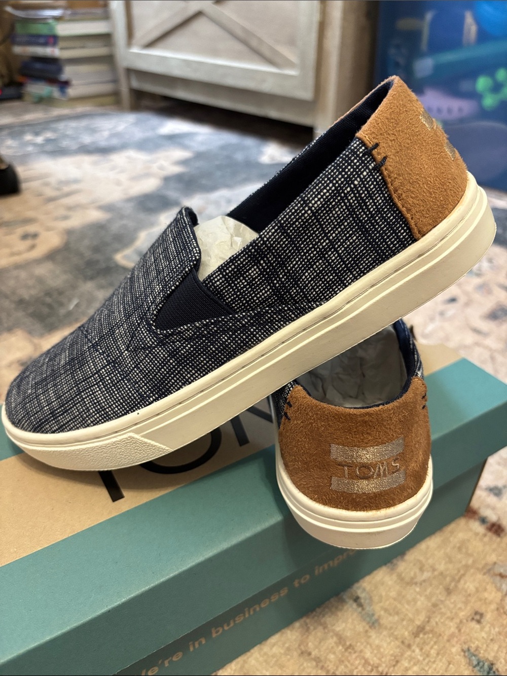 New! With box. TOMS kids Luca.  Navy Patterned Slip-On, size 3.5